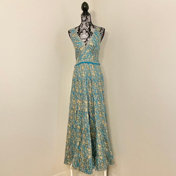 Recycled Sari Carmen Dress - Sky Blue with Gold Floral Print