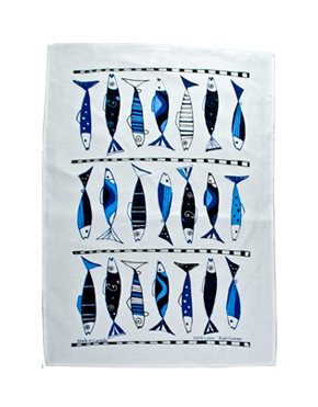 Linen Towel, Vertical Fish Blue