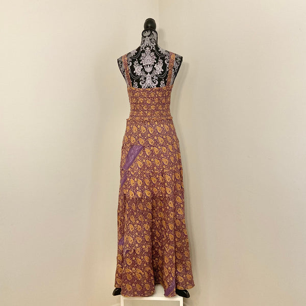 Robe Carmen en sari recyclé - Imprimé Paisley Gold