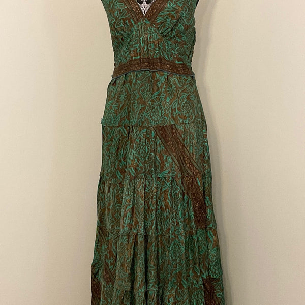 Robe Carmen en sari recyclé - Vert émeraude