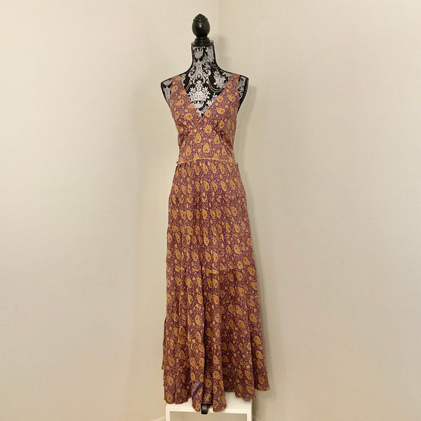 Recycled Sari Carmen Dress - Paisley Gold Print