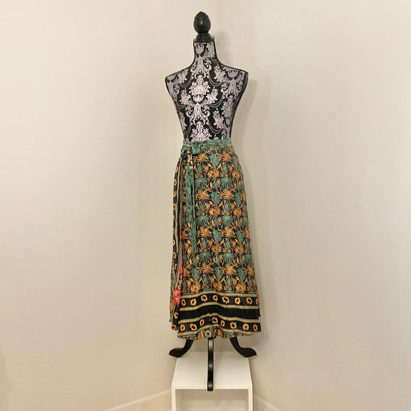 Recycled Sari Magic Wrap Skirt - Green Multi Print