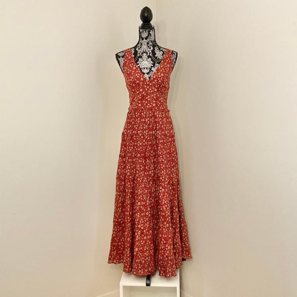 Recycled Sari Carmen Dress - Red Floral With Gold Accents