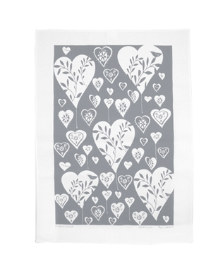 Linen Towel, White Hearts (grey ground)