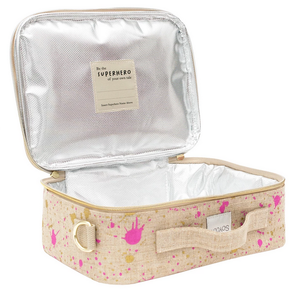 Insulated Linen Lunch Box, Fuchsia and Gold Splatter